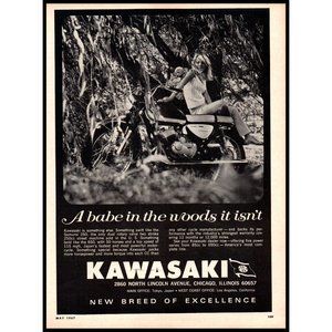 1967 Kawasaki Samurai 250 Motorcycle Vintage Print Ad Babe in the Woods Wall Art